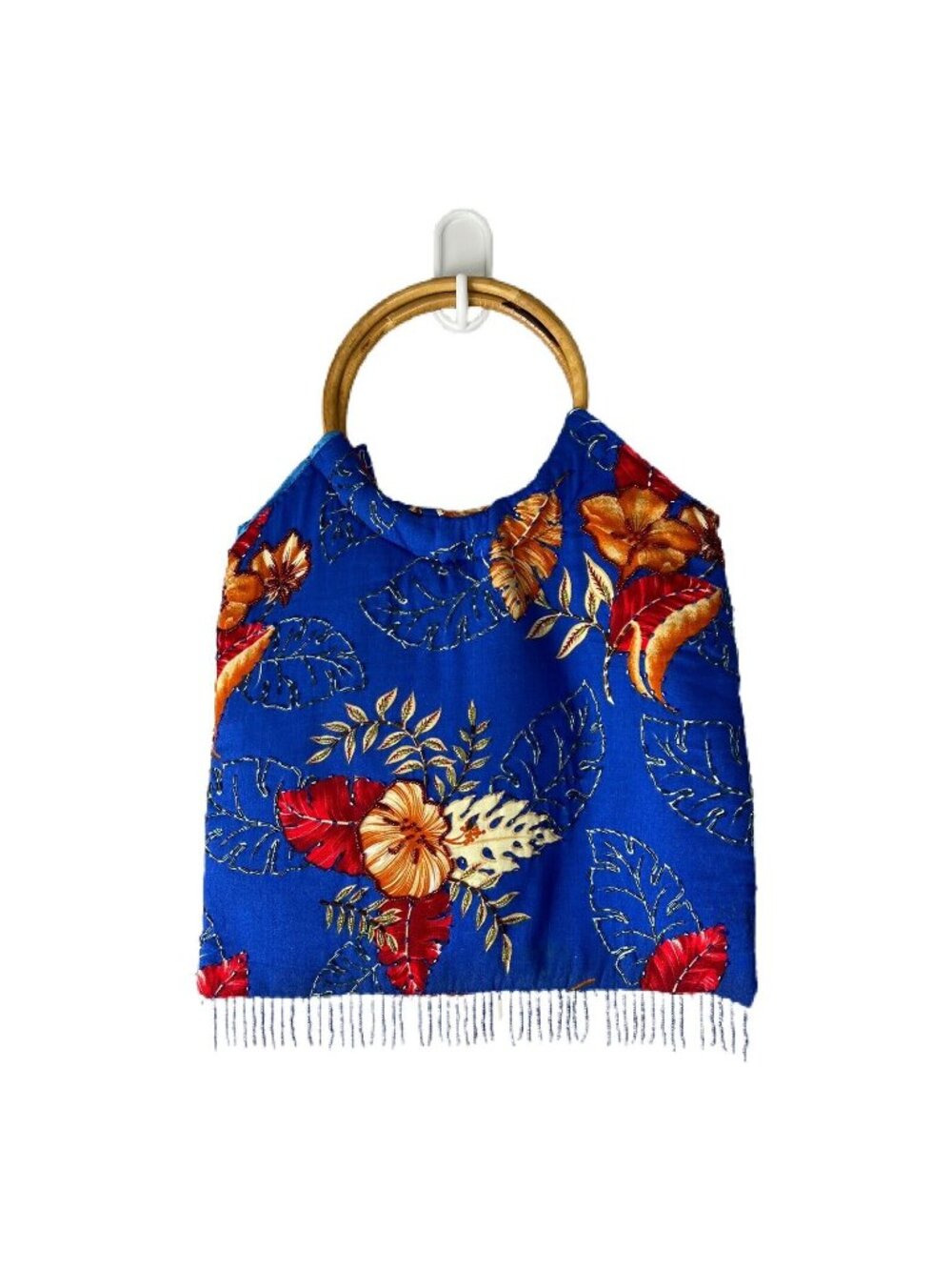 Beaded Embellished Floral Bag Blue Gold Red Fabric Bamboo Handle Fringe